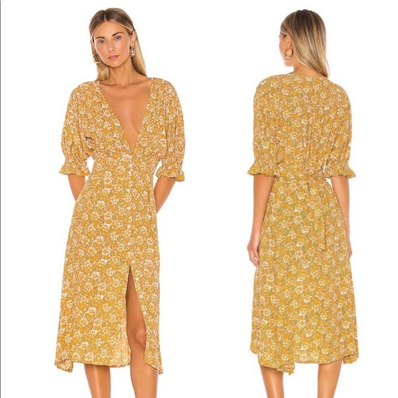 Faithfull the brand saffron Rafa ditsy floral midi dress xsmall yellow gold xs - Picture 3 of 12